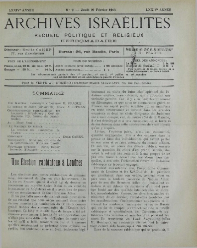 Archives israélites de France. Vol.74 N°09 (27 févr. 1913)